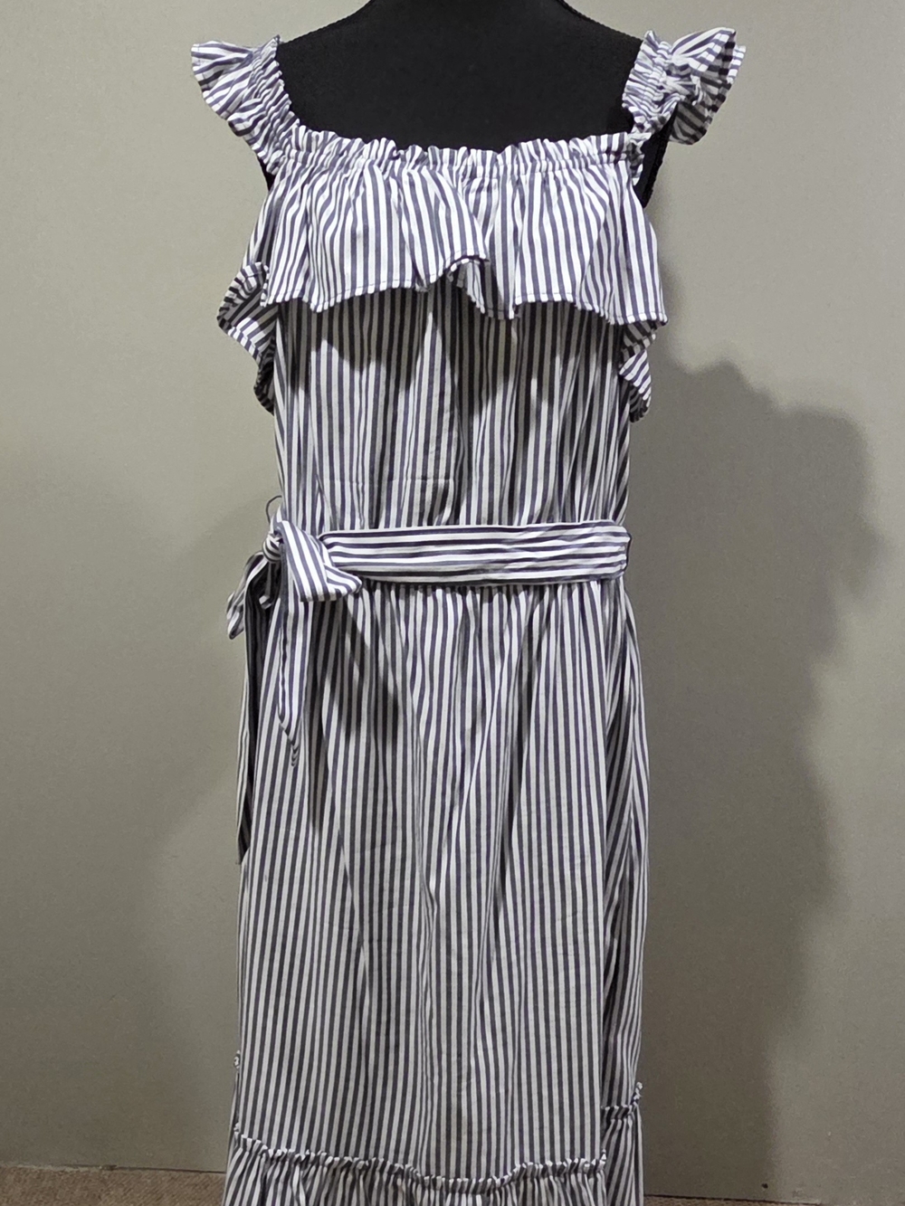 Michael Kors Navy and White Striped Off-Shoulder Maxi Dress